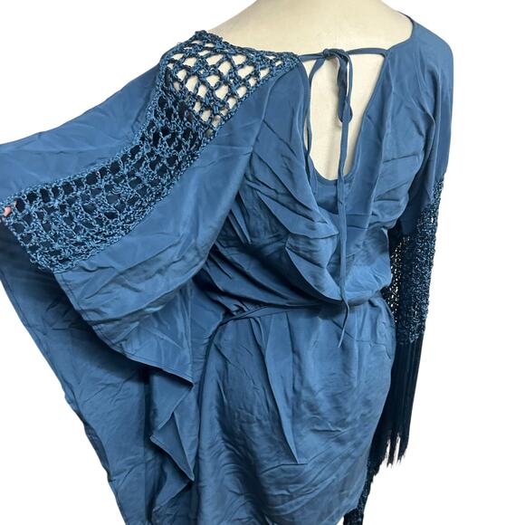 Boho Luxe Fringe Tunic Dress Gold Hawk Blue Silk Crochet Festival Size M - Picture 1 of 7